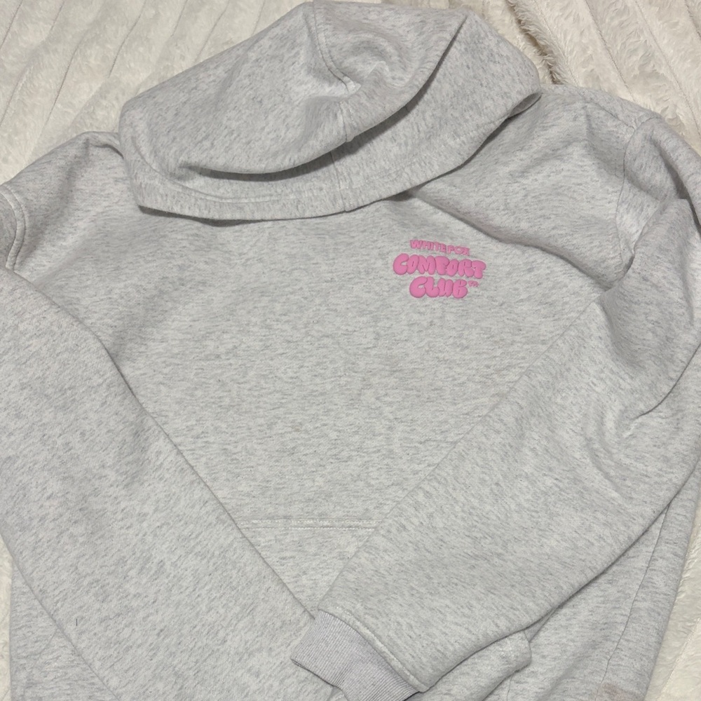 White Fox Boutique Gray Hoodie with Pink "Comfort Club" Text